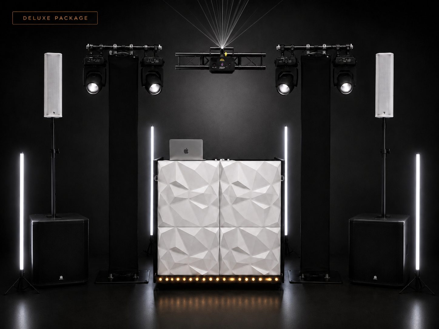 Referencia de iluminación con cabezales móviles y láser sobre truss
